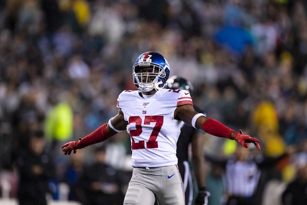 PHILADELPHIA, PA - DECEMBER 09:  Deandre Baker #27 of the New York Giants celebrates breaking up a pass intended for Alshon Jeffery #17 of the Philadelphia Eagles during the first quarter at Lincoln Financial Field on December 9, 2019 in Philadelphia, Pennsylvania.  (Photo by Brett Carlsen/Getty Images)