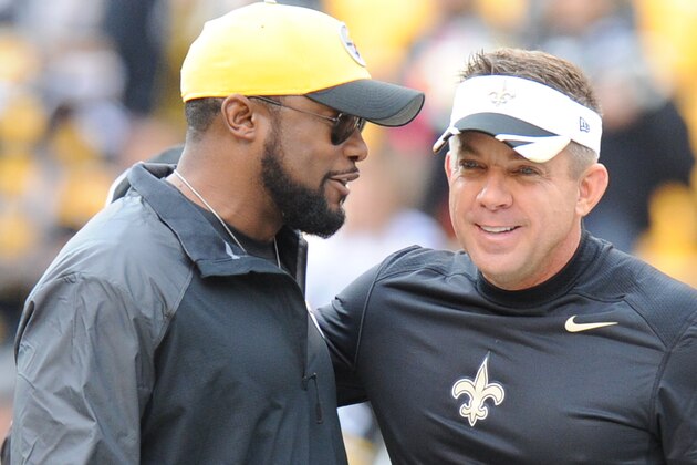 New Orleans Saints head coach Sean Payton, right, greets Pittsburgh Steelers head coach Mike Tomlin as the teams warm up before an NFL football game, Sunday,Nov. 30, 2014 in Pittsburgh. ( Photo/Don Wright)