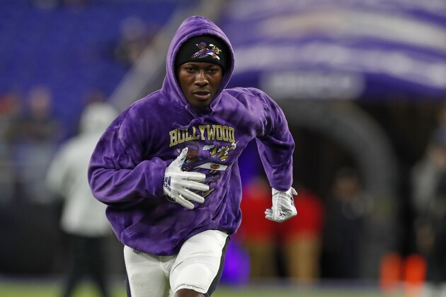 BALTIMORE, MD - JANUARY 11: Marquise Brown #15 of the Baltimore Ravens warms up prior to the AFC Divisional Playoff game against the Tennessee Titans at M&T Bank Stadium on January 11, 2020 in Baltimore, Maryland. (Photo by Todd Olszewski/Getty Images)