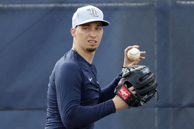 Tampa Bay Rays starting pitcher Blake Snell (4) is shown during spring training baseball camp Friday, Feb. 14, 2020, in Port Charlotte, Fla. (AP Photo/John Bazemore)