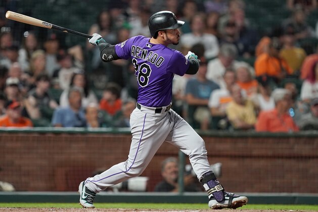 SAN FRANCISCO, CALIFORNIA - SEPTEMBER 25: Nolan Arenado #28 of the Colorado Rockies bats against the San Francisco Giants in the top of the fifth inning at Oracle Park on September 25, 2019 in San Francisco, California. (Photo by Thearon W. Henderson/Getty Images) SAN FRANCISCO, CALIFORNIA - SEPTEMBER 25: Nolan Arenado #28 of the Colorado Rockies bats against the San Francisco Giants in the top of the fifth inning at Oracle Park on September 25, 2019 in San Francisco, California. (Photo by Thearon W. Henderson/Getty Images)