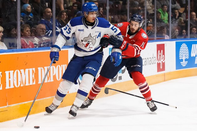 OSHAWA, ON - FEBRUARY 7: Quinton Byfield #55 of the Sudbury Wolves protects the puck from Giovanni Vallati #11 of the Oshawa Generals during an OHL game at the Tribute Communities Centre on February 7, 2020 in Oshawa, Ontario, Canada.  (Photo by Chris Tanouye/Getty Images)