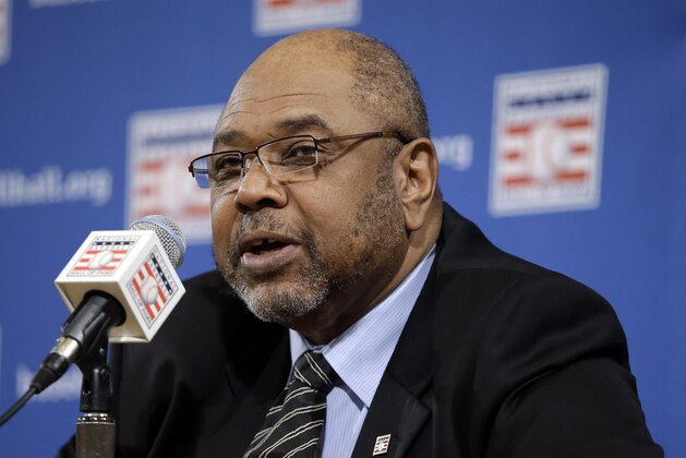 Former major league player Bob Watson talks about the selections made to the baseball Hall of Fame by the pre-integration era committee at the baseball winter meetings on Monday, Dec. 3, 2012, in Nashville, Tenn. Former New York Yankees owner Jacob Ruppert, longtime umpire Hank O'Day and barehanded catcher Deacon White have been elected to the baseball Hall of Fame by the committee. (AP Photo/Mark Humphrey)