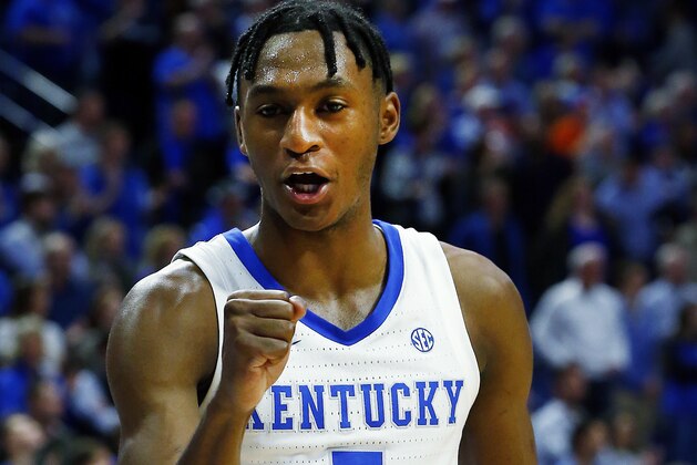 Kentucky's Immanuel Quickley celebrates after defeating Florida 65-59 in an NCAA college basketball game in Lexington, Ky., Saturday, Feb. 22, 2020. (AP Photo/James Crisp) Kentucky's Immanuel Quickley celebrates after defeating Florida 65-59 in an NCAA college basketball game in Lexington, Ky., Saturday, Feb. 22, 2020. (AP Photo/James Crisp)