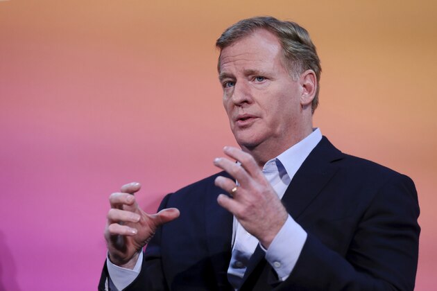 NFL Commissioner Roger Goodell discusses a new initiative with AWS that will transform player health and safety using cloud computing during AWS re:Invent 2019 on Thursday, Dec. 5, 2019 in Las Vegas. (Isaac Brekken/AP Images for NFL)