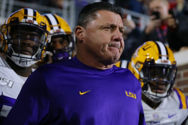 OXFORD, MISSISSIPPI - NOVEMBER 16: Head coach Ed Orgeron of the LSU Tigers reacts during a game against the Mississippi Rebels at Vaught-Hemingway Stadium on November 16, 2019 in Oxford, Mississippi. (Photo by Jonathan Bachman/Getty Images)