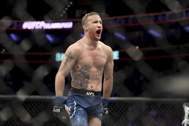 Justin Gaethje celebrates his win over Edson Barboza after their mixed martial arts bout at UFC Fight Night, Saturday, March 30, 2019, in Philadelphia. Gaethje won via first round TKO. (AP Photo/Gregory Payan)