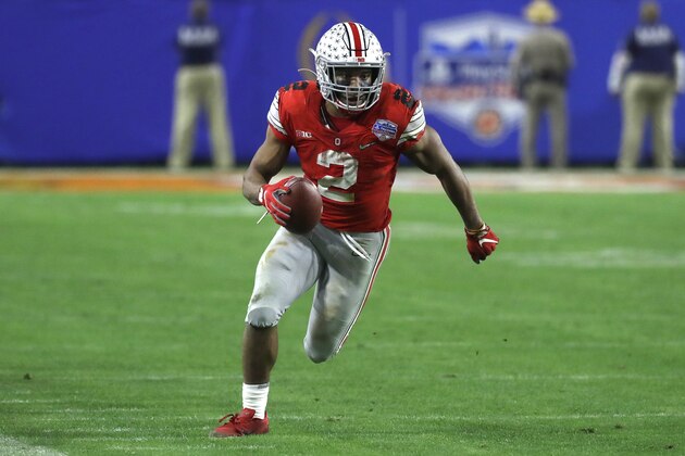 Ohio State running back J.K. Dobbins (2) during the first half of the Fiesta Bowl NCAA college football game against Clemson, Saturday, Dec. 28, 2019, in Glendale, Ariz. (AP Photo/Rick Scuteri).