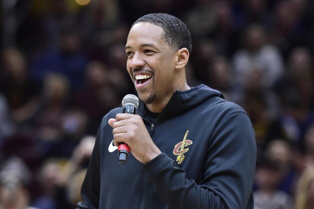 CLEVELAND, OHIO - APRIL 09: Channing Frye #9 of the Cleveland Cavaliers thanks the fans prior to the game against the Charlotte Hornets during the first half at Rocket Mortgage FieldHouse on April 09, 2019 in Cleveland, Ohio. Frye is retiring after tonight's game.  NOTE TO USER: User expressly acknowledges and agrees that, by downloading and or using this photograph, User is consenting to the terms and conditions of the Getty Images License Agreement3  (Photo by Jason Miller/Getty Images)