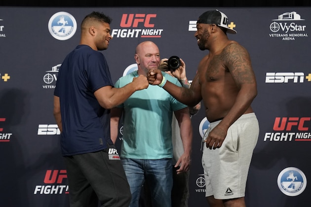 JACKSONVILLE, FLORIDA - MAY 15:  (L-R) Alistair Overeem and Walt Harris face off during the official UFC Fight Night weigh-in on May 15, 2020 in Jacksonville, Florida. (Photo by Cooper Neill/Zuffa LLC via Getty Images) (Photo by Cooper Neill/Zuffa LLC via Getty Images)