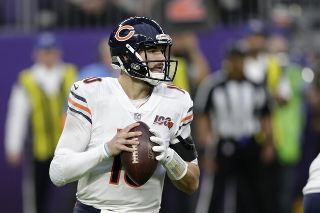 Chicago Bears quarterback Mitchell Trubisky throws a pass during the second half of an NFL football game against the Minnesota Vikings, Sunday, Dec. 29, 2019, in Minneapolis. (AP Photo/Andy Clayton-King)