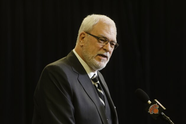 New York Knicks president Phil Jackson speaks during a news conference before an NBA basketball game against the Charlotte Hornets, Saturday, Jan. 10, 2015, in New York. (AP Photo/Frank Franklin II)