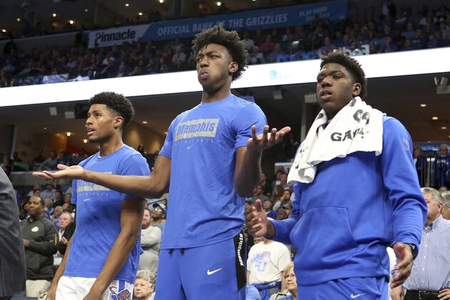 Memphis' James Wiseman, reacts to a call during the first half of the team's NCAA college basketball game against Little Rock on Wednesday, Nov. 20, 2019, in Memphis, Tenn. (AP Photo/Karen Pulfer Focht)