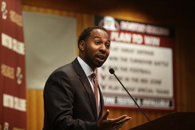 Martin Jarmond, newly hired Boston College athletic director, takes questions from members of the media Monday, April 24, 2017, during a news conference on the schools campus, in Boston. Jarmond was the deputy athletic director at Ohio State, and chief of staff for Buckeyes athletic director Gene Smith. (AP Photo/Steven Senne)