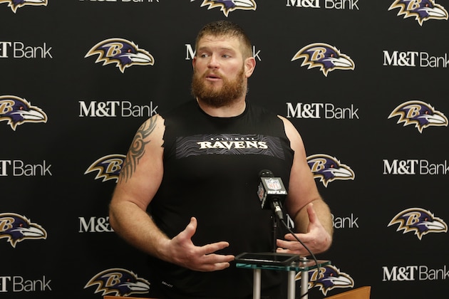 Baltimore Ravens offensive guard Marshal Yanda answers questions at a news conference after the Ravens defeated the Cleveland Browns in an NFL football game, Sunday, Dec. 22, 2019, in Cleveland. (AP Photo/Ron Schwane)