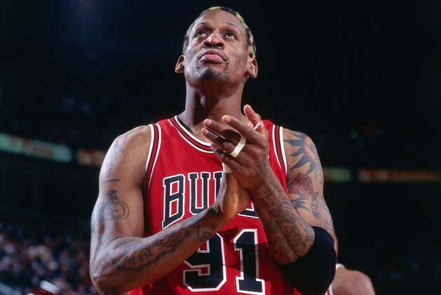 PORTLAND, OR - JANUARY 29: Dennis Rodman #91 of the Chicago Bulls is seen during the game against the Portland Trail Blazers on January 29, 1998 at the Rose Garden Arena in Portland, OR. NOTE TO USER: User expressly acknowledges and agrees that, by downloading and/or using this photograph, user is consenting to the terms and conditions of the Getty Images License Agreement. Mandatory Copyright Notice: Copyright 1998 NBAE (Photo by Andrew D. Bernstein/NBAE via Getty Images)