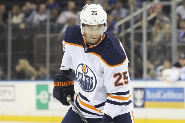 Edmonton Oilers defenseman Darnell Nurse lines up for a face-off during the first period of an NHL hockey game against the New York Rangers, Saturday, Oct. 12, 2019, at Madison Square Garden in New York. (AP Photo/Mary Altaffer) Edmonton Oilers defenseman Darnell Nurse lines up for a face-off during the first period of an NHL hockey game against the New York Rangers, Saturday, Oct. 12, 2019, at Madison Square Garden in New York. (AP Photo/Mary Altaffer)
