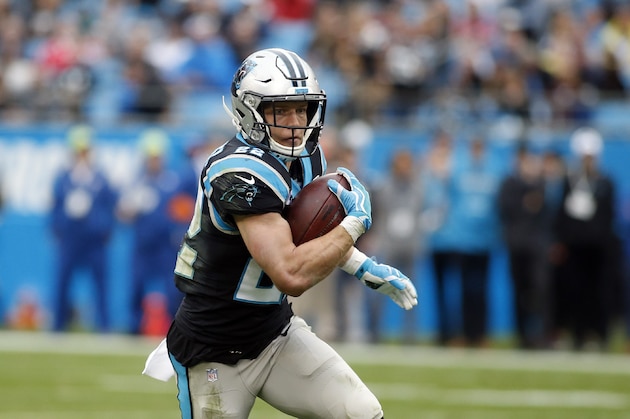 Carolina Panthers running back Christian McCaffrey (22) runs against the New Orleans Saints during the first half of an NFL football game in Charlotte, N.C., Sunday, Dec. 29, 2019. (AP Photo/Brian Blanco)