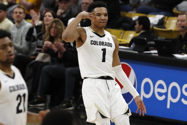 Colorado guard Tyler Bey reacts after hitting a three-point basket against California late in the second half of an NCAA college basketball game Thursday, Feb. 6, 2020, in Boulder, Colo. (AP Photo/David Zalubowski)