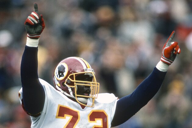 WASHINGTON, D.C. - DECEMBER 11:  Dexter Manley #72 of the Washington Redskins reacts after making a play against the Dallas Cowboys during an NFL football game December 11, 1988 at RFK Memorial Stadium in Washington, D.C.. Dexter Manley played for the Redskins from 1981-89. (Photo by Focus on Sport/Getty Images)