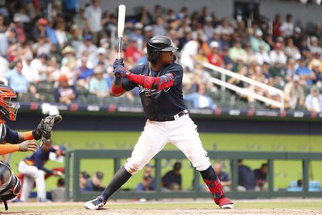 NORTH PORT, FLORIDA - MARCH 10:  Ronald Acuna Jr. #13 of the Atlanta Braves at bat against the Houston Astros during the fourth inning of a Grapefruit League spring training game at CoolToday Park on March 10, 2020 in North Port, Florida. (Photo by Michael Reaves/Getty Images)