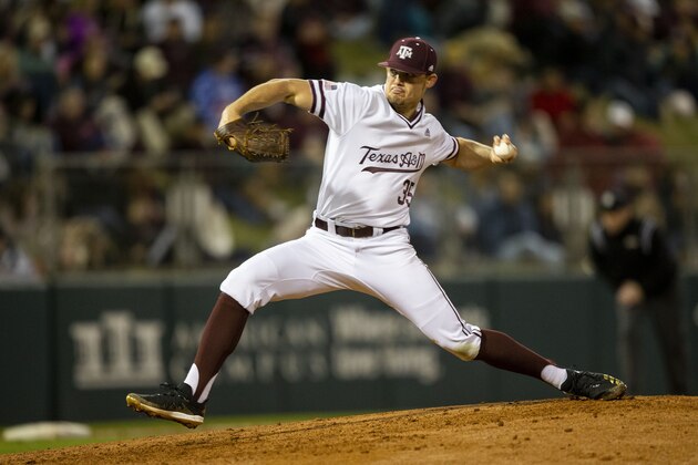 Texas A&M's Asa Lacy (35) throws a strike against a Miami (Oh) batter during an NCAA baseball game on Friday, Feb. 14, 2020, in College Station, Texas. (AP Photo/Sam Craft) Texas A&M's Asa Lacy (35) throws a strike against a Miami (Oh) batter during an NCAA baseball game on Friday, Feb. 14, 2020, in College Station, Texas. (AP Photo/Sam Craft)