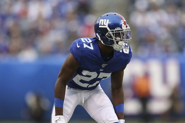 New York Giants cornerback Deandre Baker (27) during an NFL football game against the Minnesota Vikings on Sunday, Oct 6, 2019, in East Rutherford, N.J. The Giants lost 28-10. (AP Photo/Vera Nieuwenhuis)
