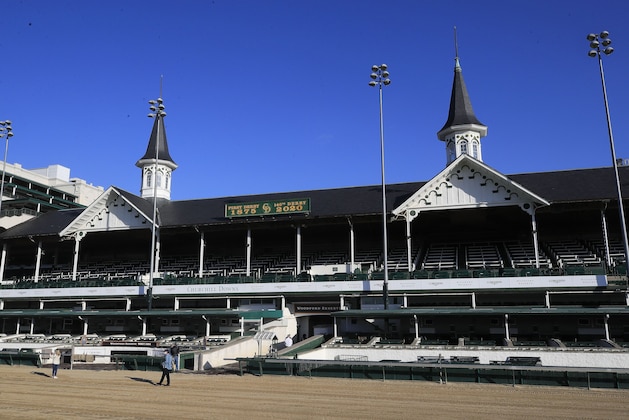 LOUISVILLE, KENTUCKY - MAY 02:  A view of the twin spires and empty grandstand at Churchill Downs on May 02, 2020 in Louisville, Kentucky.  The 146th running of the Kentucky Derby, originally scheduled for May 2nd, has been postponed to September 5, 2020 due to the COVID-19 pandemic. (Photo by Andy Lyons/Getty Images)