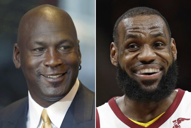 FILE - At left, in an Aug. 21, 2015, file photo, former NBA star and current owner of the Charlotte Hornets, Michael Jordan, smiles at reporters in Chicago. At right, in a March 5, 2018, file photo, Cleveland Cavaliers' LeBron James smiles in the first half of an NBA basketball game against the Detroit Pistons, in Cleveland. With 10 points on Friday night, March 30, 2018,  James will pass Jordan’s NBA record by scoring in double digits in 867 consecutive games, a remarkable streak of consistency and durability that may stand as one of the Cleveland star’s greatest accomplishments. (AP Photo/File)