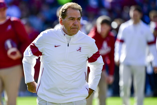 Alabama head coach Nick Saban watches warm-ups before an NCAA football game against LSU Saturday, Nov. 9, 2019, in Tuscaloosa, Ala. (AP Photo/Vasha Hunt)
