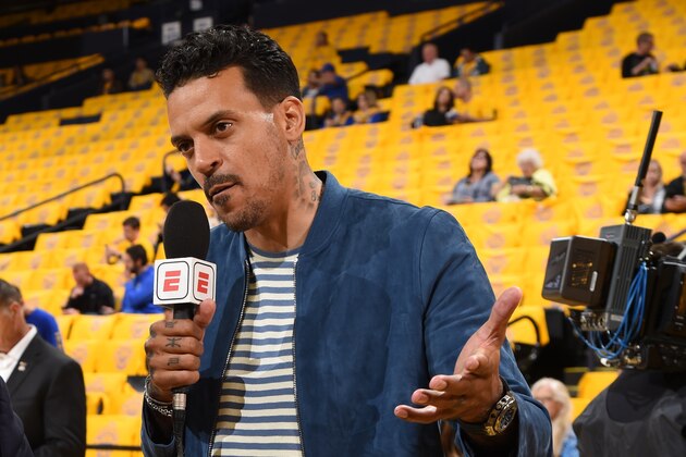 OAKLAND, CA - MAY 14: Brian Windhorst interviews Retired NBA Player Matt Barnes before Game One of the 2019 Western Conference Finals of the NBA Playoffs between the Portland Trail Blazers and Golden State Warriors at the ORACLE Arena on May 14, 2019 in Oakland, California. NOTE TO USER: User expressly acknowledges and agrees that, by downloading and or using this Photograph, user is consenting to the terms and conditions of the Getty Images License Agreement. Mandatory Copyright Notice: Copyright 2019 NBAE (Photo by Andrew D. Bernstein/NBAE via Getty Images)