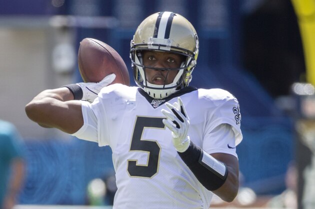 New Orleans Saints quarterback Teddy Bridgewater (5) throws a pass during the first half of an NFL football game against the Jacksonville Jaguars, Sunday, Oct. 13, 2019, in Jacksonville, Fla. (AP Photo/Stephen B. Morton)