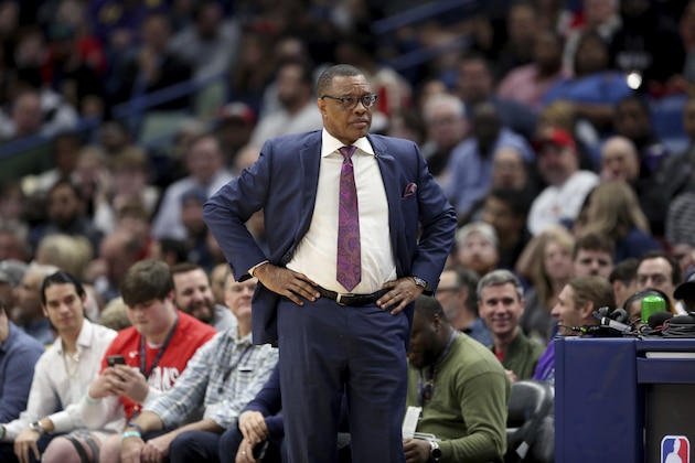 New Orleans Pelicans head coach Alvin Gentry in the first half of an NBA basketball game against the Miami Heat in New Orleans, Friday, March 6, 2020. (AP Photo/Rusty Costanza)