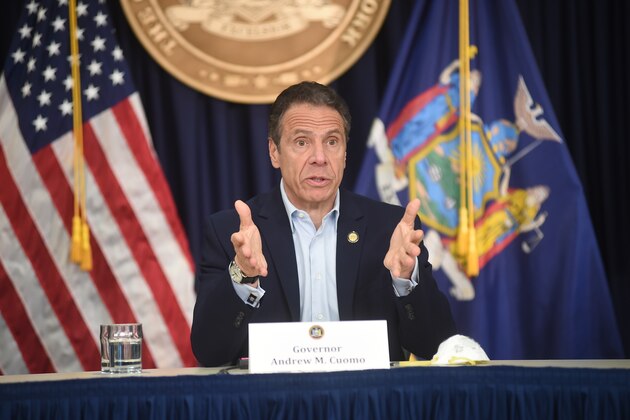 New York Gov. Andrew Cuomo briefs the media during a coronavirus news conference at his office in New York City, Saturday, May 9, 2020.  (John Roca/New York Post via AP, Pool)