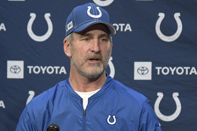 FILE - In this Dec. 29, 2019, file photo, Indianapolis Colts head coach Frank Reich answers a question by a reporter during a news conference after an NFL football game against the Jacksonville Jaguars in Jacksonville, Fla. Teams can conduct classroom instruction and on-field activities through Zoom meetings or similar apps instead of at their facilities . They can meet virtually as much as four hours per day, four days per week. “We are getting a ton done,