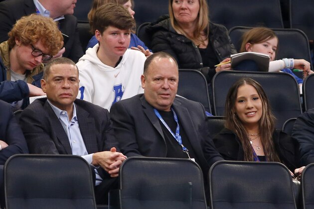 NEW YORK, NEW YORK - MARCH 06:  (NEW YORK DAILIES OUT) New York Knicks president Leon Rose (C) watches his team play against the Oklahoma City Thunder at Madison Square Garden on March 06, 2020 in New York City. The Thunder defeated the Knicks 126-103. NOTE TO USER: User expressly acknowledges and agrees that, by downloading and or using this photograph, User is consenting to the terms and conditions of the Getty Images License Agreement. (Photo by Jim McIsaac/Getty Images)