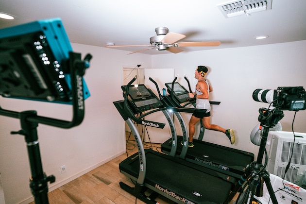 Motorized Treadmills line up at the Body Fitness fair in Paris, Friday, March 18, 2016. (AP Photo/Michel Euler)