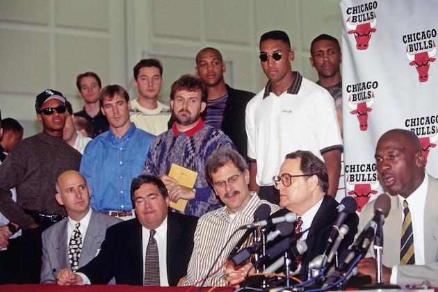 DEERFIELD, IL - OCTOBER 6:  Michael Jordan #23 of the Chicago Bulls speaks to the media during his Retirement Press Conference on October 6, 1993 at the Chicago Bulls Practice Facility in in Deerfield, Illinois.  NOTE TO USER: User expressly acknowledges and agrees that, by downloading and or using this photograph, User is consenting to the terms and conditions of the Getty Images License Agreement. Mandatory Copyright Notice: Copyright 1988 NBAE (Photo by Lou Capozzola/NBAE via Getty Images)