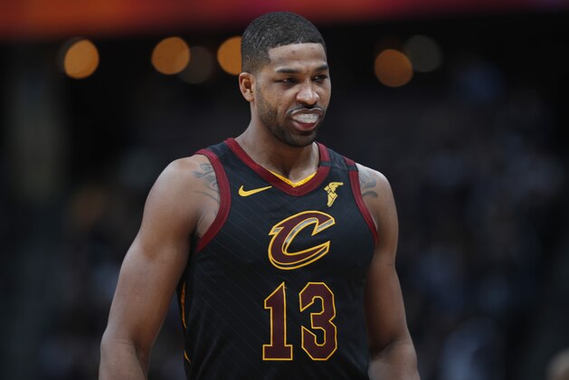 Cleveland Cavaliers center Tristan Thompson (13) in the second half of an NBA basketball game Saturday, Jan. 11, 2020, in Denver. The Cavaliers won 111-103. (AP Photo/David Zalubowski)