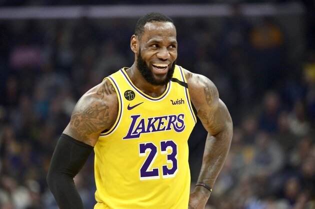 Los Angeles Lakers forward LeBron James (23) reacts in the second half of an NBA basketball game against the Memphis Grizzlies Saturday, Feb. 29, 2020, in Memphis, Tenn. (AP Photo/Brandon Dill)