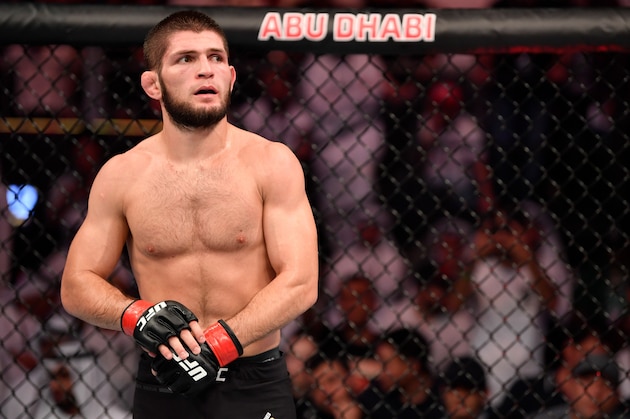 ABU DHABI, UNITED ARAB EMIRATES - SEPTEMBER 07:  Khabib Nurmagomedov of Russia stands in his corner between rounds of his lightweight championship bout against Dustin Poirier during UFC 242 at The Arena on September 7, 2019 in Yas Island, Abu Dhabi, United Arab Emirates. (Photo by Jeff Bottari/Zuffa LLC/Zuffa LLC via Getty Images)