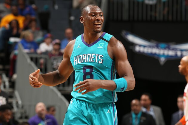 CHARLOTTE, NC - FEBRUARY 26:  Bismack Biyombo #8 of the Charlotte Hornets looks on during the game against the New York Knicks on February 26, 2020 at Spectrum Center in Charlotte, North Carolina. NOTE TO USER: User expressly acknowledges and agrees that, by downloading and or using this photograph, User is consenting to the terms and conditions of the Getty Images License Agreement. Mandatory Copyright Notice: Copyright 2020 NBAE (Photo by Kent Smith/NBAE via Getty Images)