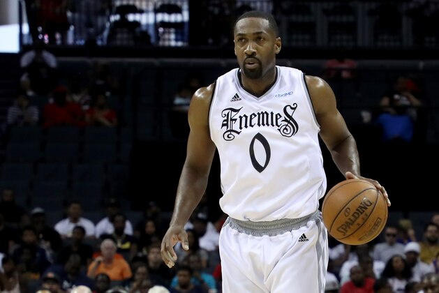 CHARLOTTE, NORTH CAROLINA - JUNE 29: Gilbert Arenas #0 of Enemies drives to the basket against Ball Hogs during week two of the BIG3 three on three basketball league at Spectrum Center on June 29, 2019 in Charlotte, North Carolina. (Photo by Streeter Lecka/BIG3/Getty Images)