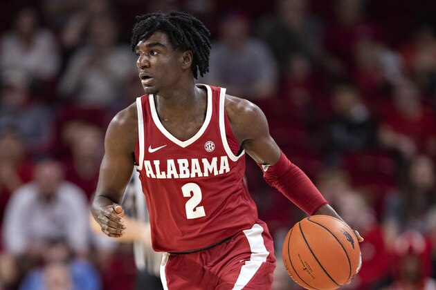 FAYETTEVILLE, AR - MARCH 9:  Kira Lewis Jr. #2 of the Alabama Crimson Tide dribbles down the court during a game against the Arkansas Razorbacks at Bud Walton Arena on March 9, 2019 in Fayetteville, Arkansas.  The Razorbacks defeated the Crimson Tide 82-70.  (Photo by Wesley Hitt/Getty Images)