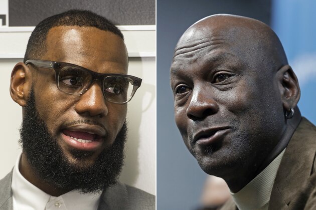 FILE - At left, in a July 30, 2018, file photo, LeBron James speaks at a news conference after the opening ceremony for the I Promise School in Akron, Ohio. At right, in a Feb. 12, 2019, file photo, Charlotte Hornets owner Michael Jordan speaks to the media about hosting the NBA All-Star basketball game during a news conference in Charlotte, N.C. LeBron James is finally going to pass Michael Jordan. In scoring, at least. While the debate will rage forever about which player is better, James will soon have scored more points than Jordan. James is 211 points shy of passing Jordan (32,292) for the No. 4 spot in NBA history. (AP Photo/File)