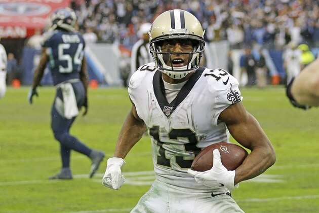 Michael Thomas, de los Saints de Nueva Orleáns, anota en una recepción de dos yardas ante los Titans de Tennessee, el domingo 22 de diciembre de 2019 (AP Foto/James Kenney)