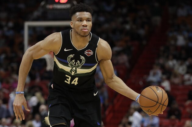 Milwaukee Bucks forward Giannis Antetokounmpo is shown during the second half of an NBA basketball game against the Miami Heat, Monday, March 2, 2020, in Miami. (AP Photo/Wilfredo Lee)