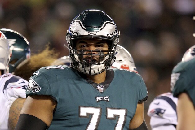 Philadelphia Eagles offensive tackle Andre Dillard (77) in action against the New England Patriots during an NFL football game, Sunday, Nov. 17, 2019, in Philadelphia. The Patriots defeated the Eagles 17-10. (Brad Penner/AP Images for Panini)