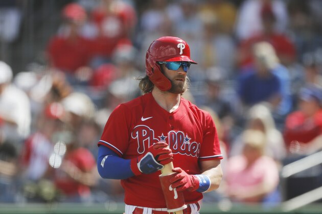 Philadelphia Phillies' Bryce Harper is seen during a spring training baseball game, Monday, March 9, 2020, in Clearwater, Fla. (AP Photo/Carlos Osorio)
