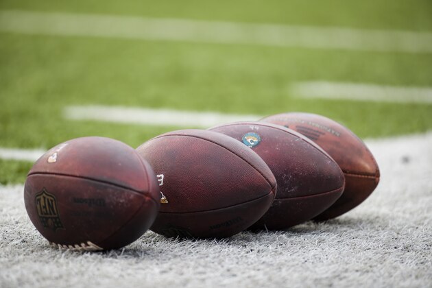 ORCHARD PARK, NY - NOVEMBER 25:  Wilson NFL footballs rest on the sideline before the game between the Buffalo Bills and the Jacksonville Jaguars at New Era Field on November 25, 2018 in Orchard Park, New York. Buffalo defeats Jacksonville 24-21.  (Photo by Brett Carlsen/Getty Images) *** Local Caption ***